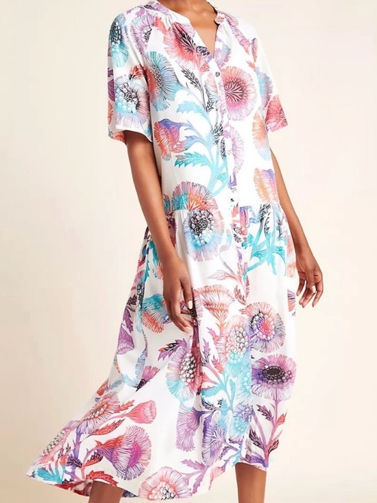 Anthropologie / Tugboat Dresses & Skirts - Tugboat White Floral Button-Front Maxi Dress with Pink, Purple & Blue Print